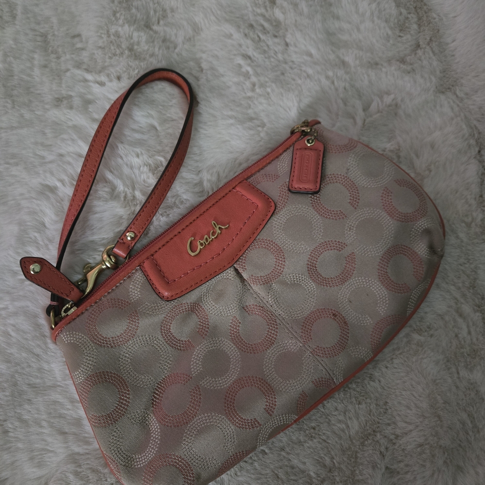 Coach Coral Pink and Cream Large Wristlet Clutch